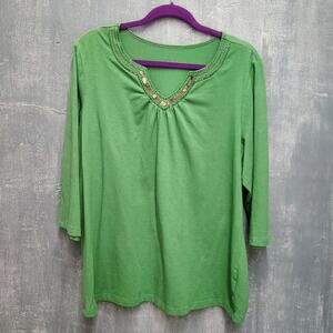 Denim & Co. 1X Jewel Studded V-Neck Knit Top 3/4 Sleeve